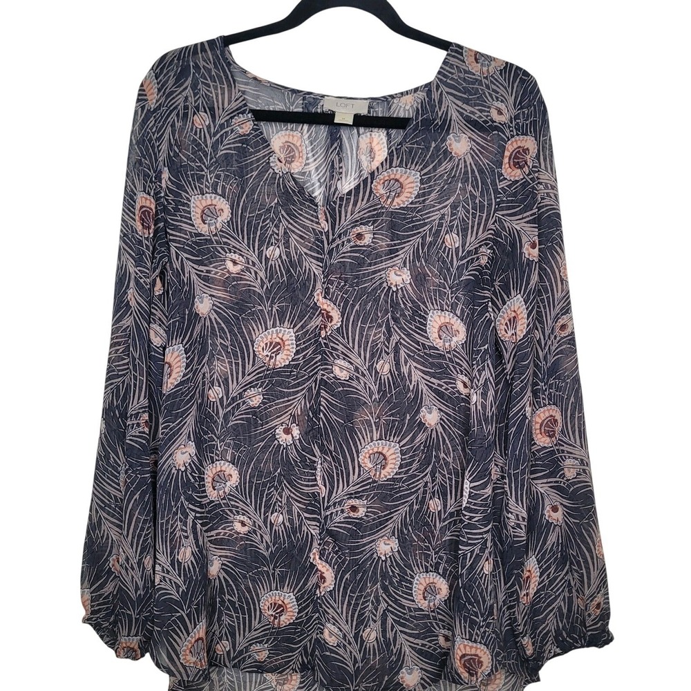 Ann Taylor Loft Women's Sheer Long Sleeve Gray Peacock Print Size Medium Blouse